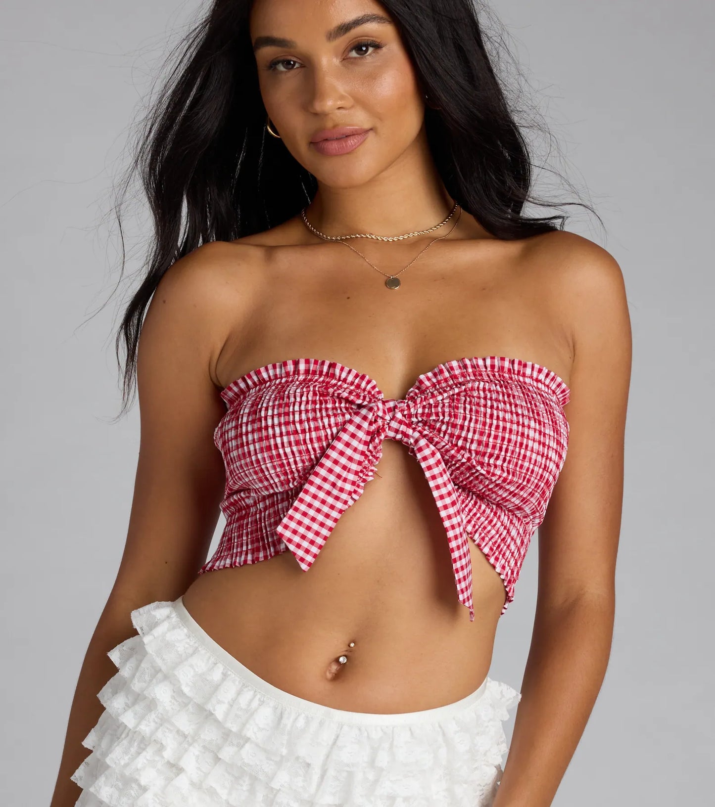 Girl Next Door Tie Front Gingham Tube Top
