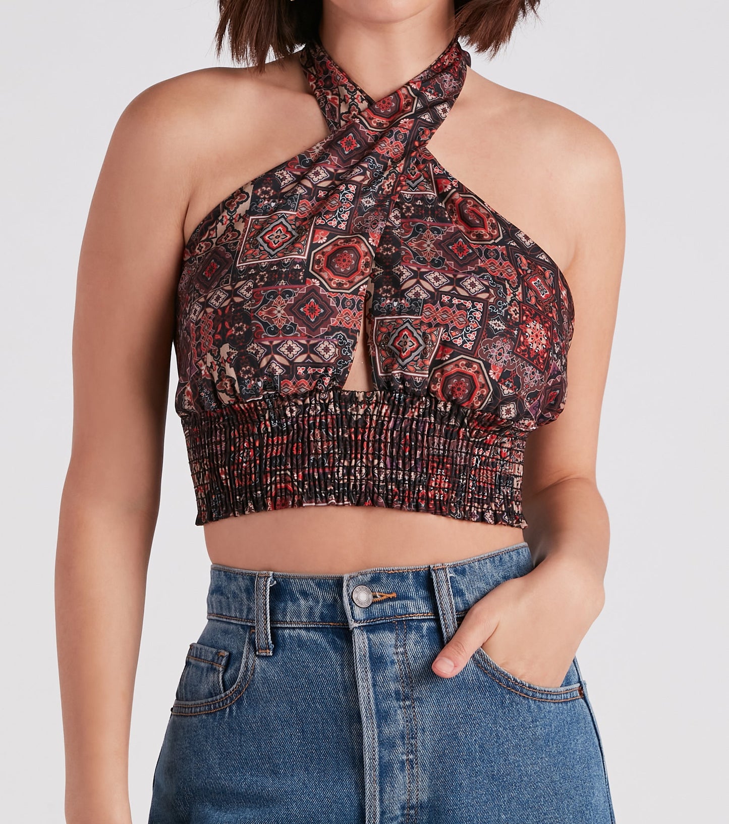 Sultry Boho Print Halter Crop Top