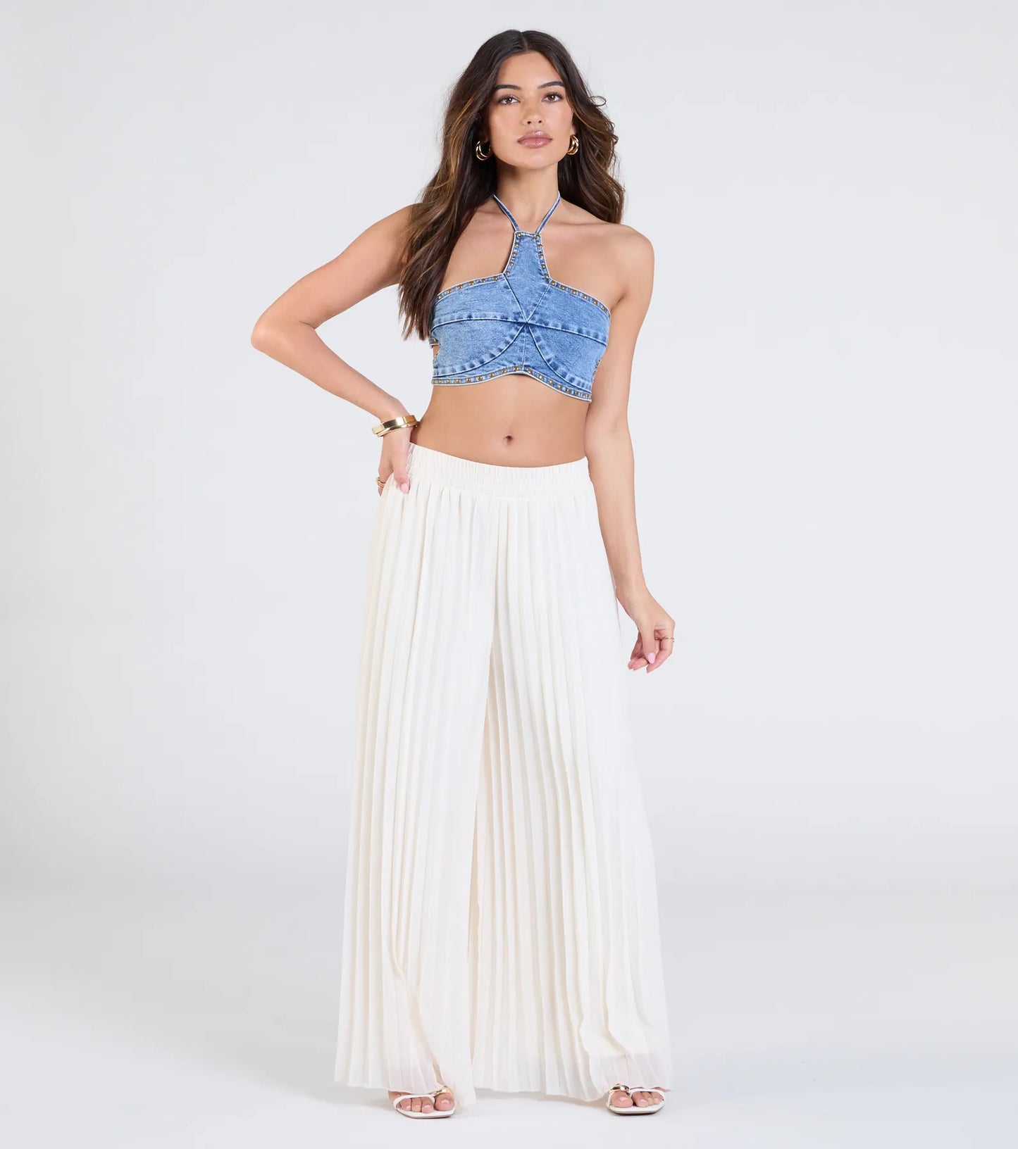 Western Star Halter Studded Denim Crop Top