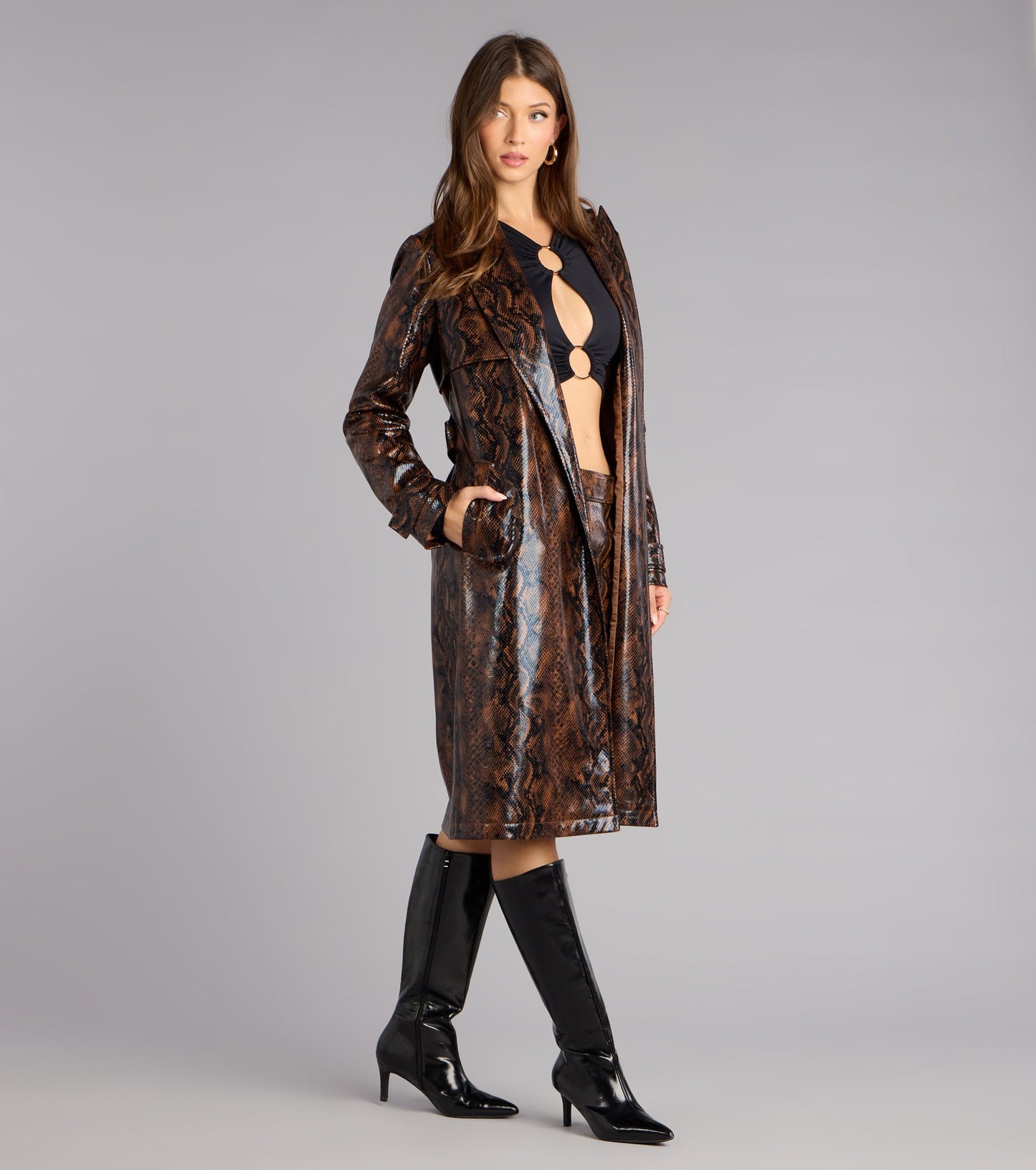 Bite Back Snake Print Faux Leather Trench Coat