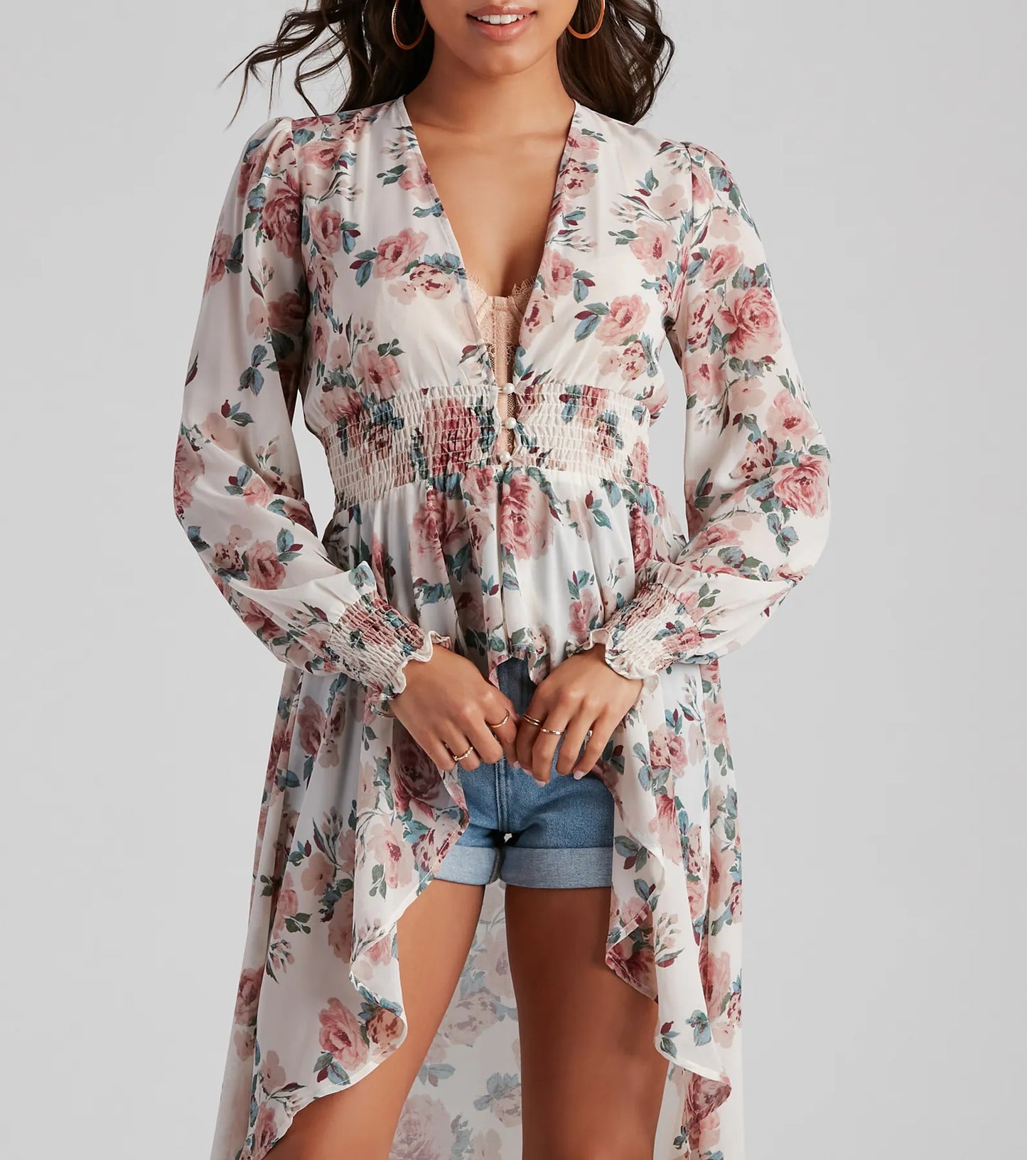 Make It Floral Chiffon High-Low Duster