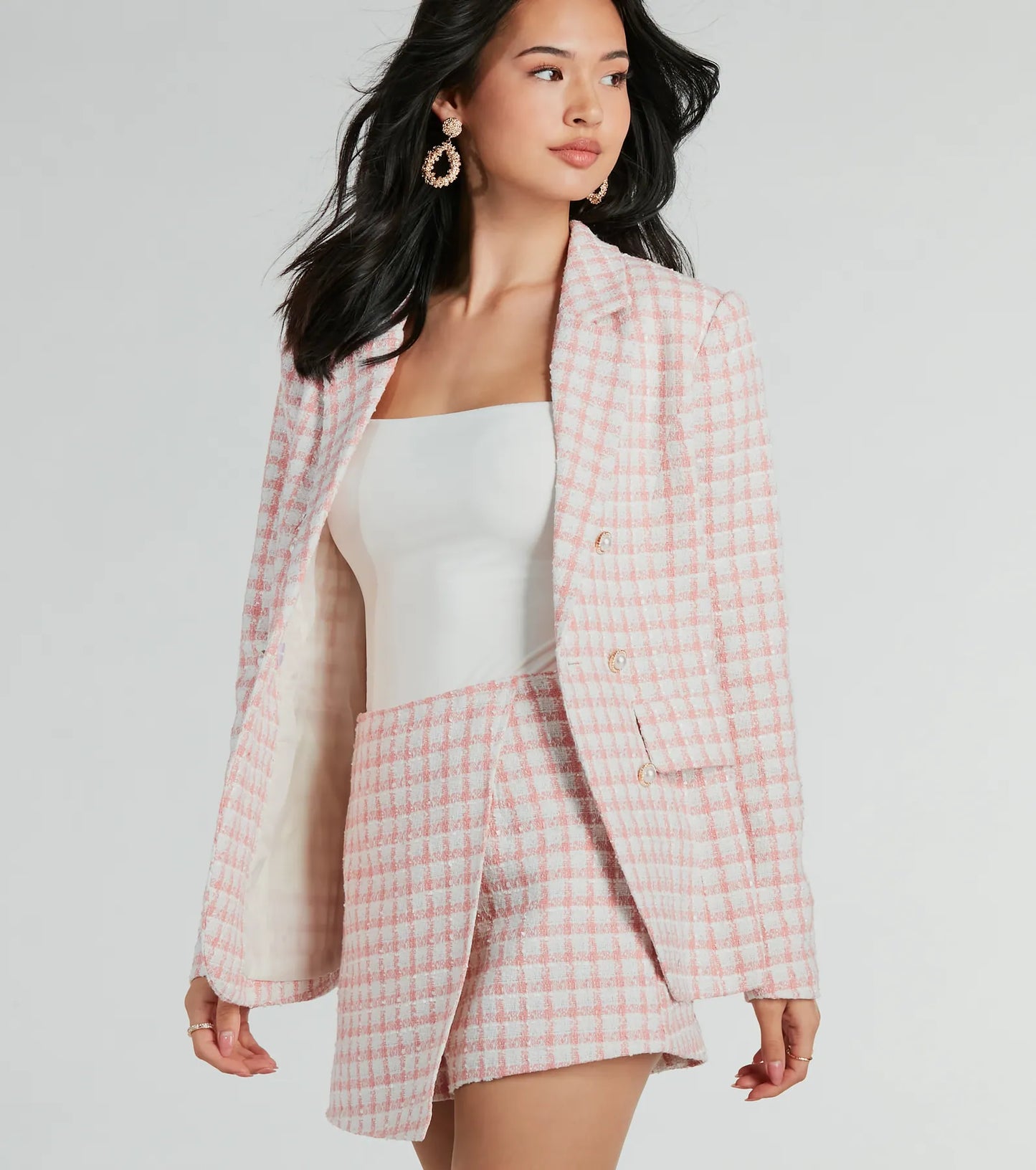 Preppy Beauty Tweed Faux Pearl Button Plaid Blazer