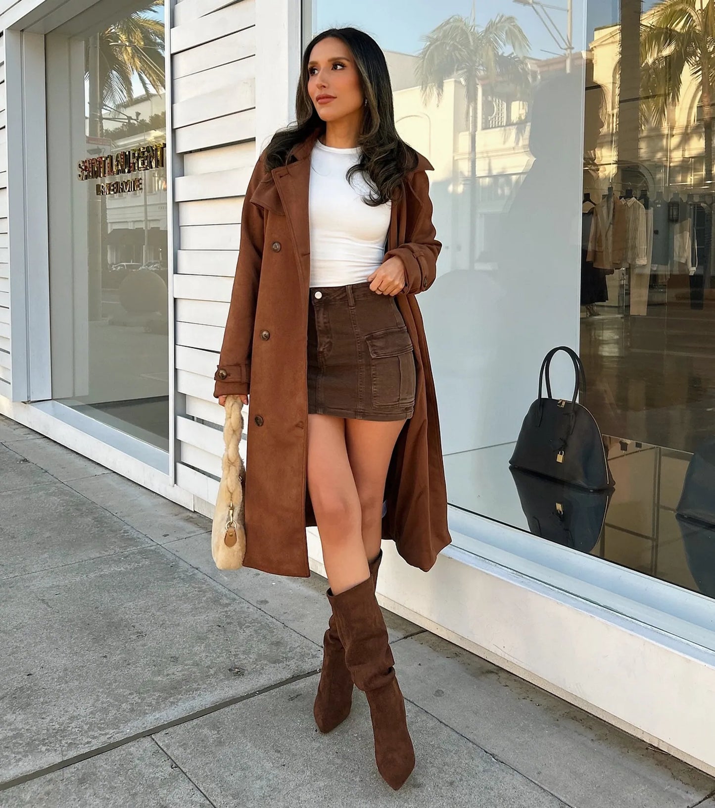 City In Style Belted Faux Suede Trench Coat