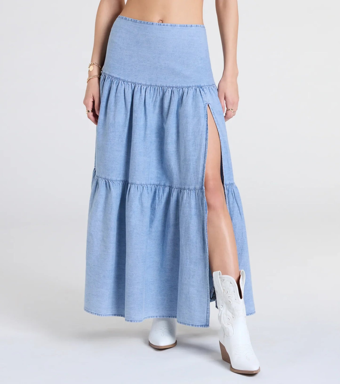 Western Cutie Tiered Chambray Maxi Skirt