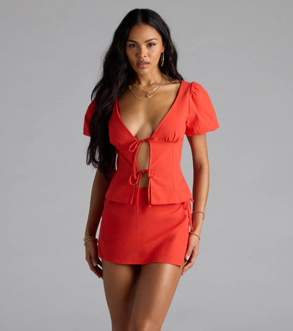 Easygoing Chic Puff Sleeve Tie Front Top