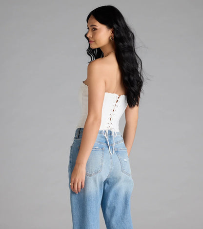 Chic And Snatched Strapless Lace Trim Corset Top