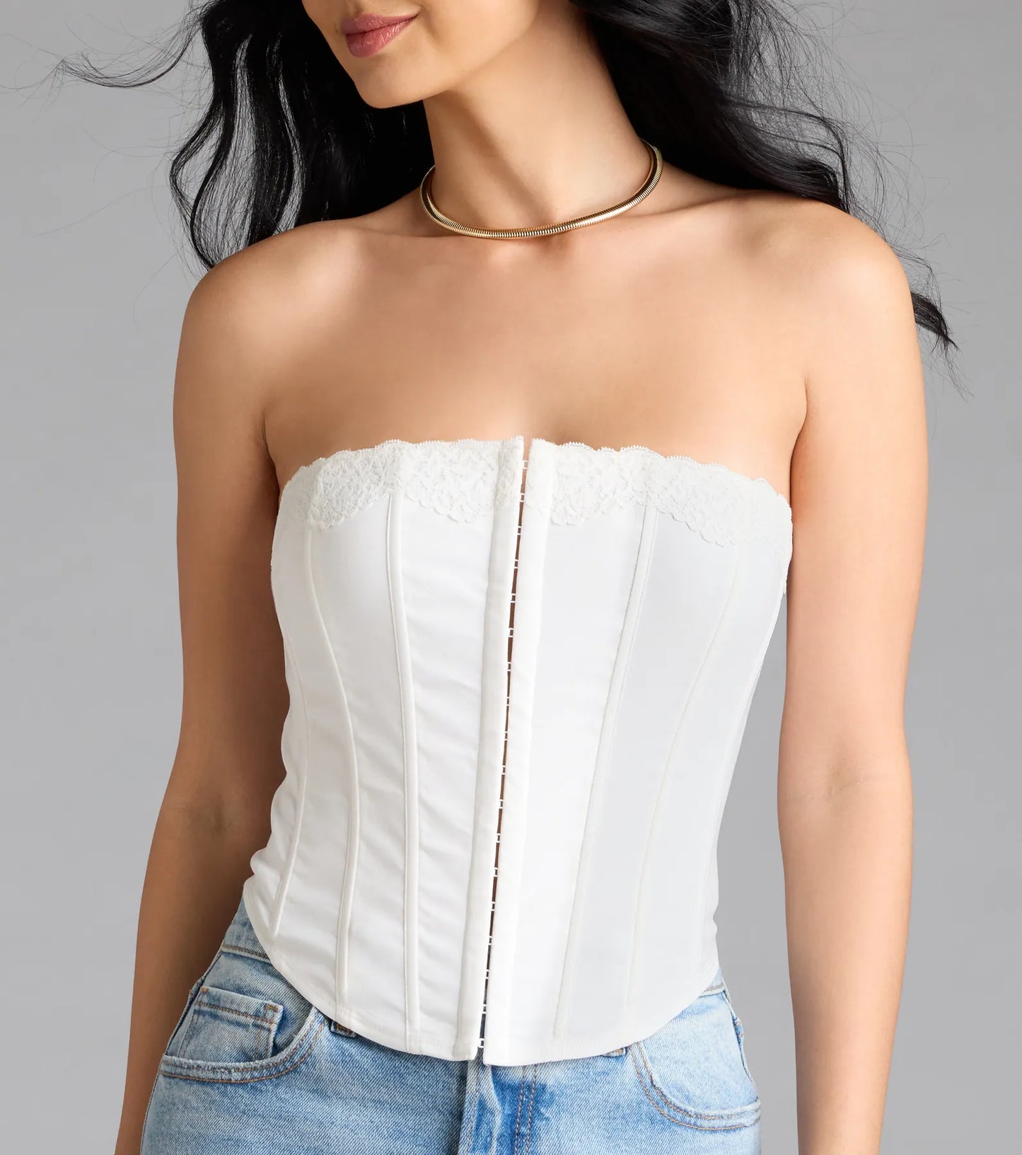 Chic And Snatched Strapless Lace Trim Corset Top