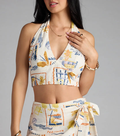 Miss Jetsetter Halter Tie-Back Print Crop Top