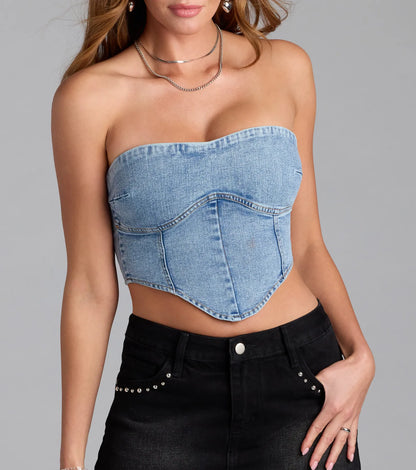 Trendy Girl Denim Strapless Corset Crop Top