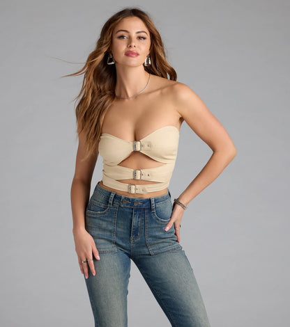 Buckle Up Strapless Cutout Crop Top