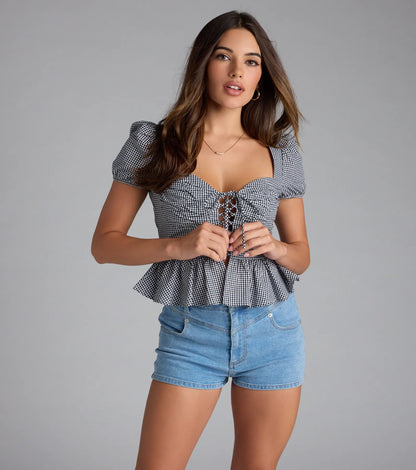 Major Sweetie Gingham Lace-Up Peplum Crop Top