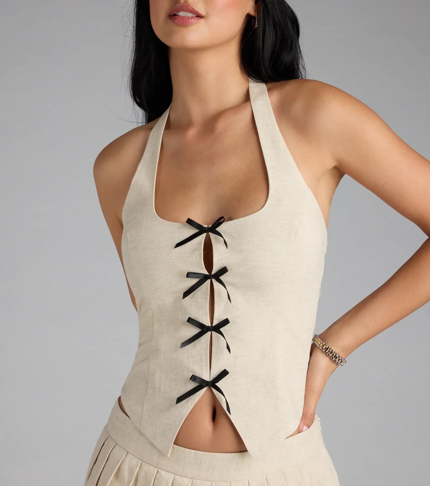 Adorably Chic Bow-Trim Linen Halter Top