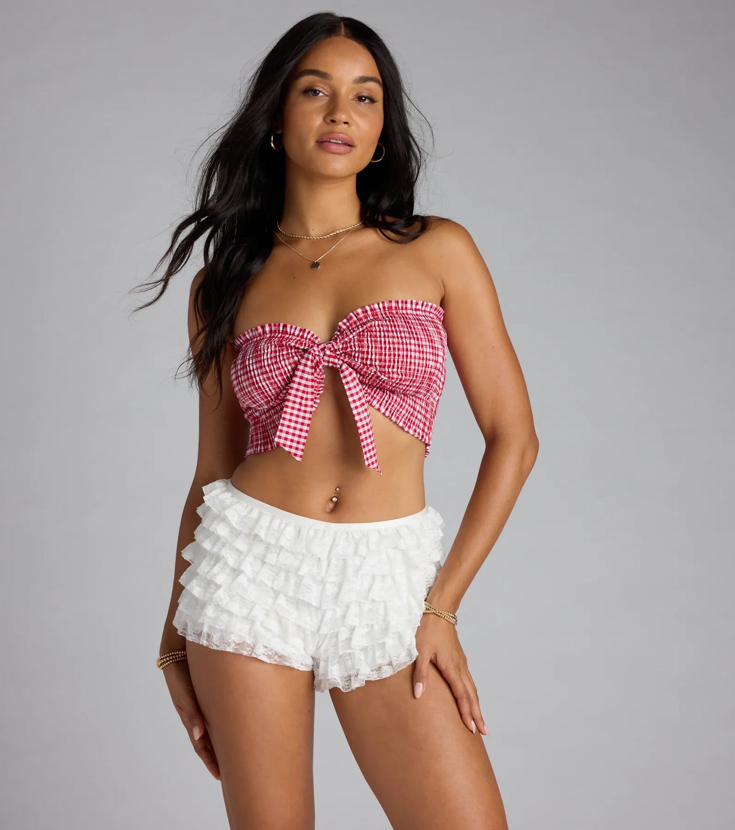 Girl Next Door Tie Front Gingham Tube Top