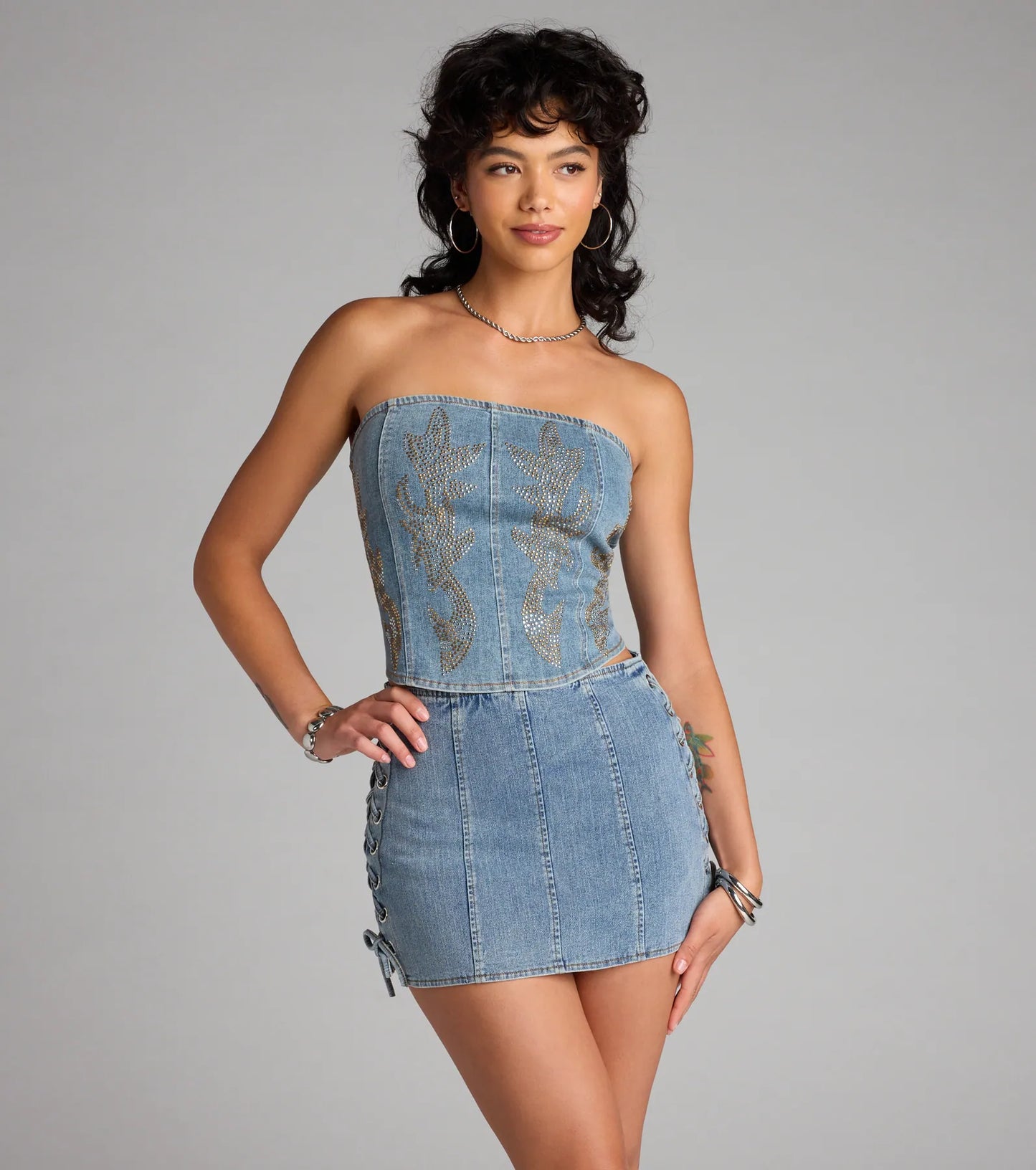 Too Hot To Handle Beaded Denim Corset Top