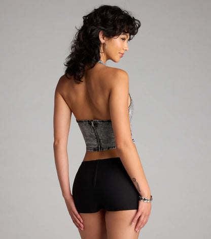 Laced Up And Unbothered Halter Denim Crop Top