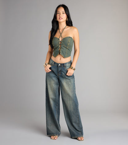 Lace Me Up Strapless Denim Halter Top
