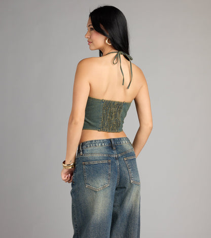 Lace Me Up Strapless Denim Halter Top