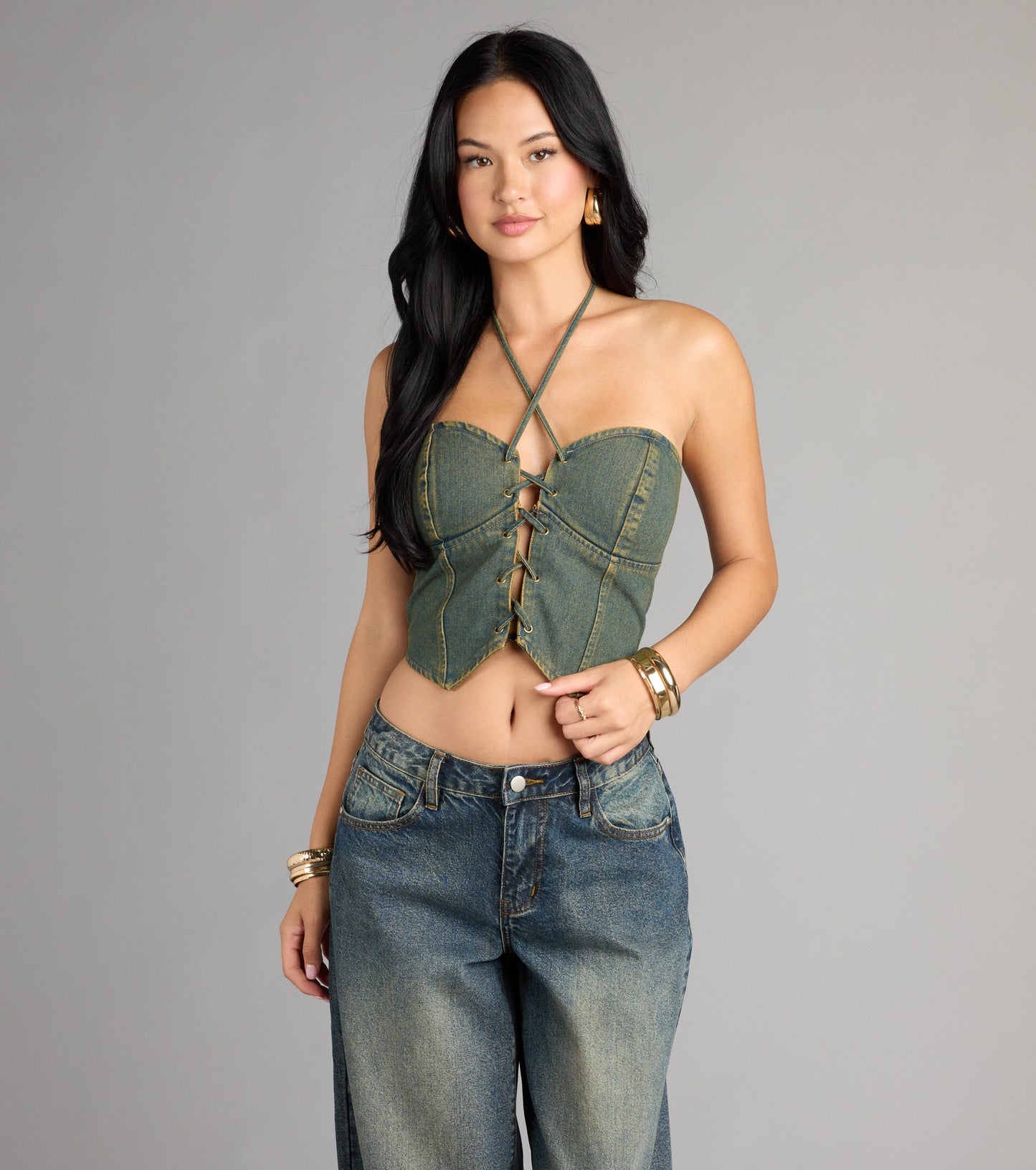 Lace Me Up Strapless Denim Halter Top