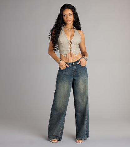 Lace Me Up Faux Leather Halter Crop Top