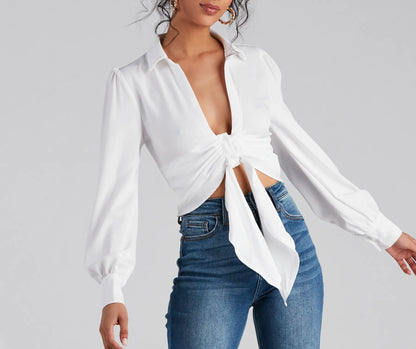 Sultry For Me Tie-Front Collared Top