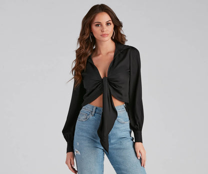 Sultry For Me Tie-Front Collared Top