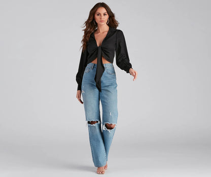 Sultry For Me Tie-Front Collared Top