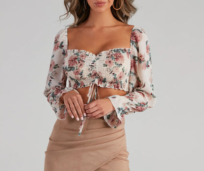 When In Floral Chiffon Smocked Crop Top