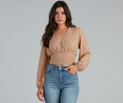 High Collar Crepe Surplice Blouse
