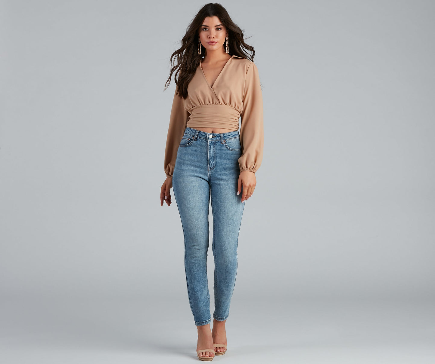 High Collar Crepe Surplice Blouse