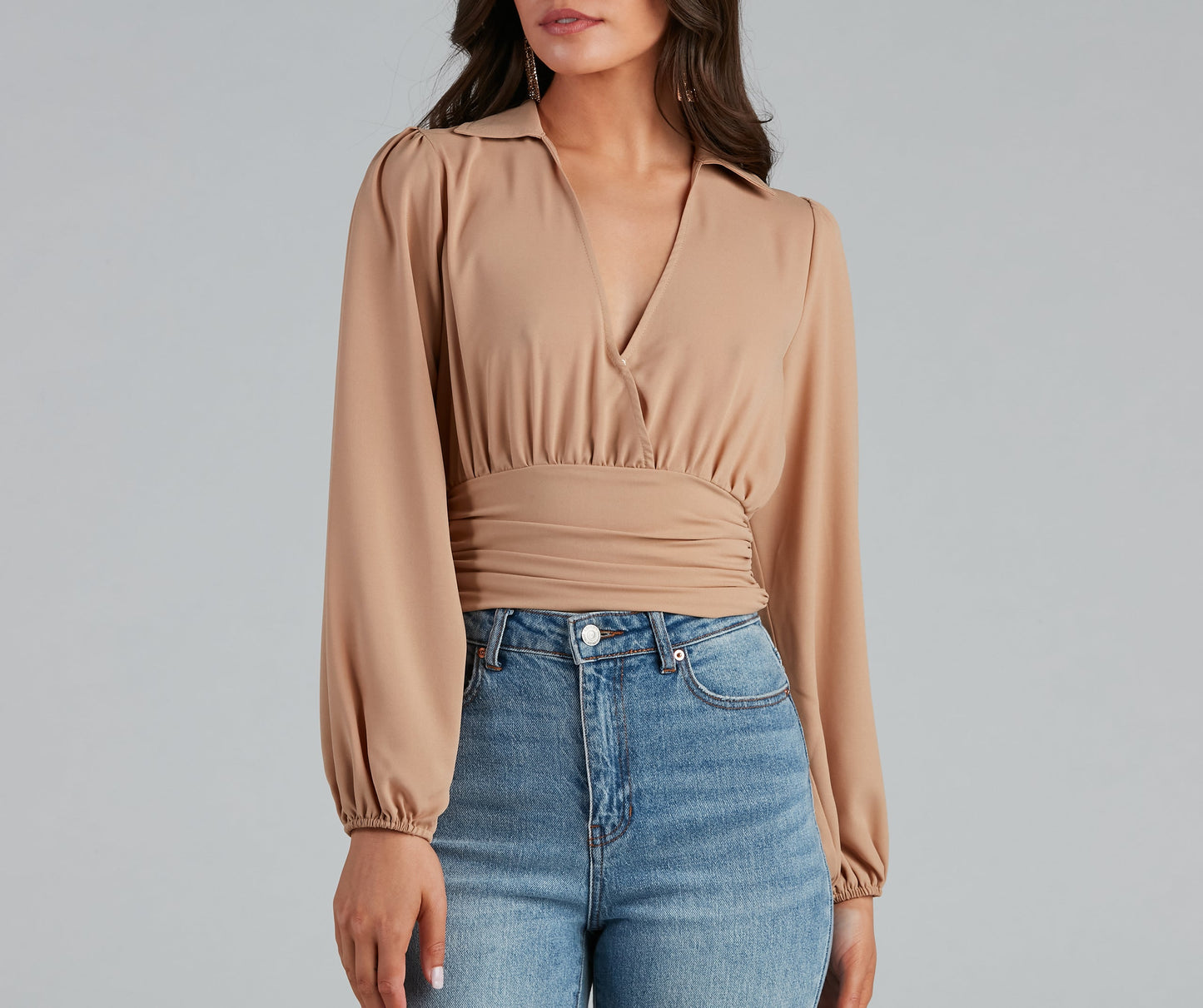 High Collar Crepe Surplice Blouse
