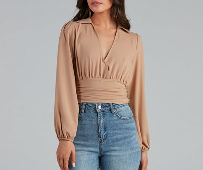 High Collar Crepe Surplice Blouse