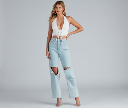 Lovin' It Lattice Linen Halter Top
