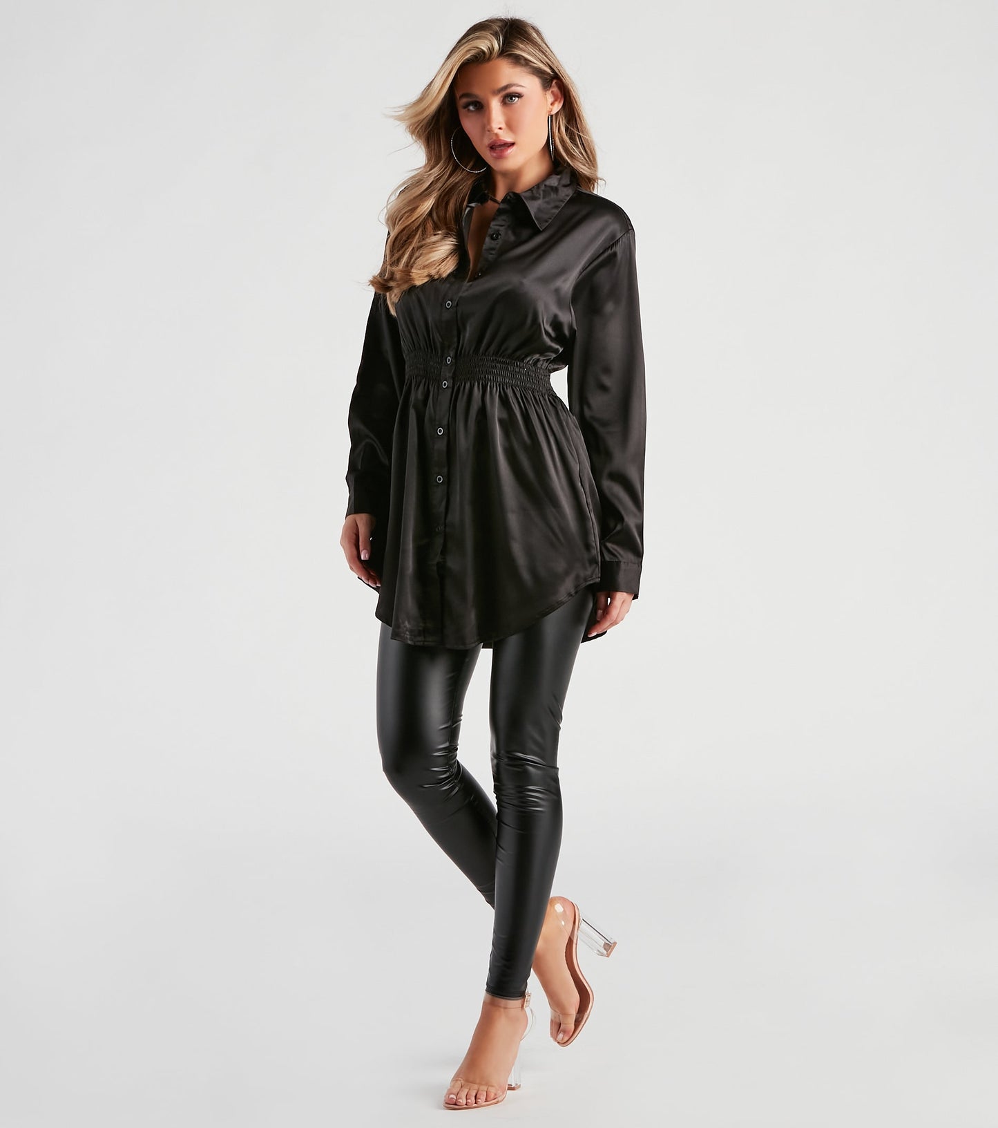 Fall Nights Satin Button-Up Short Dress