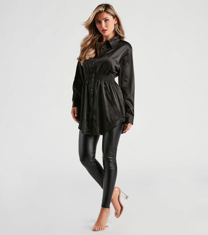 Fall Nights Satin Button-Up Short Dress
