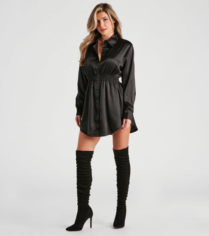 Fall Nights Satin Button-Up Short Dress