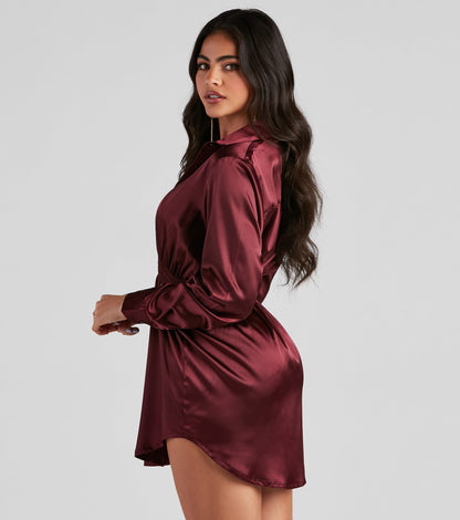 Fall Nights Satin Button-Up Short Dress