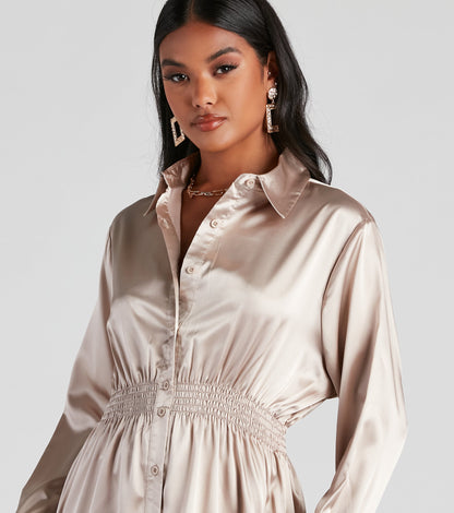 Fall Nights Satin Button-Up Short Dress