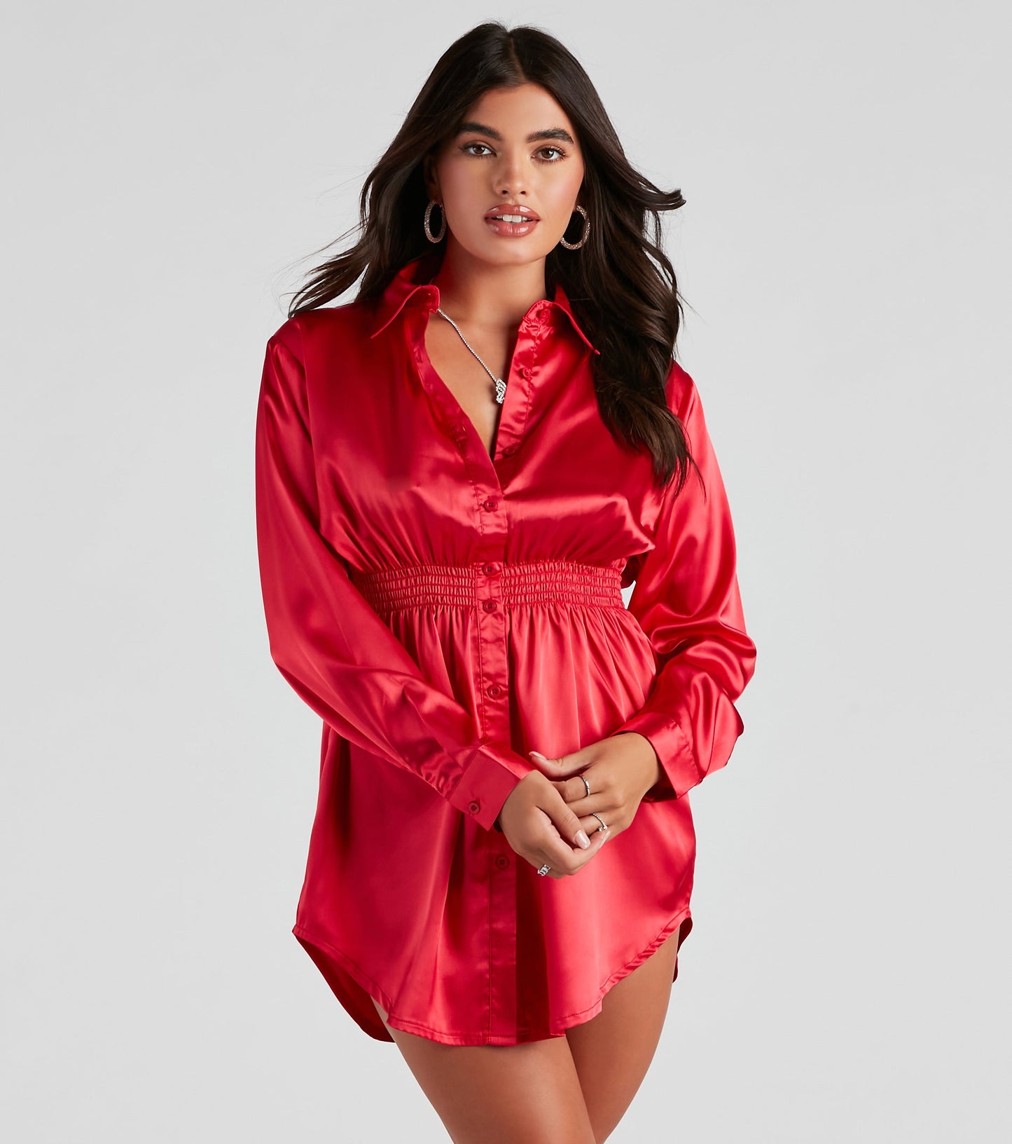 Fall Nights Satin Button-Up Short Dress