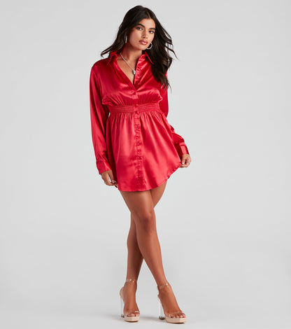 Fall Nights Satin Button-Up Short Dress