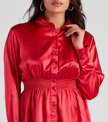 Fall Nights Satin Button-Up Short Dress