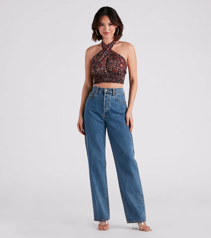 Sultry Boho Print Halter Crop Top