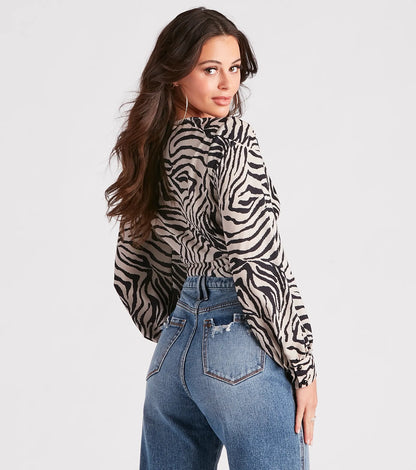 Go-Getter Gal Zebra Print Wrap Tie Top