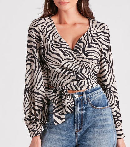 Go-Getter Gal Zebra Print Wrap Tie Top