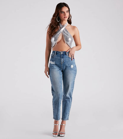 Disco Babe Sequin Fringe Halter Top
