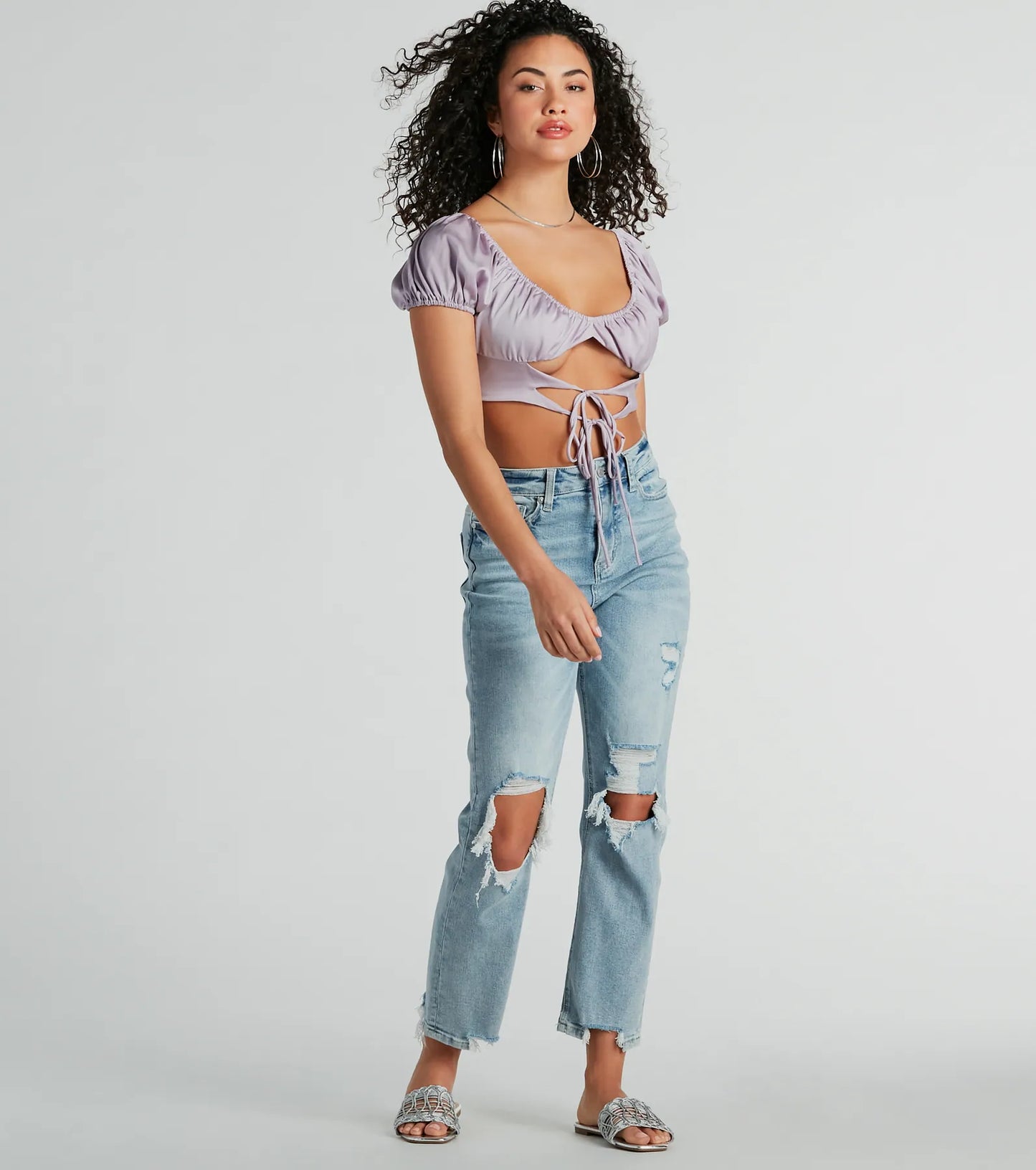 Around Town Puff Sleeve Tie-Front Satin Crop Top