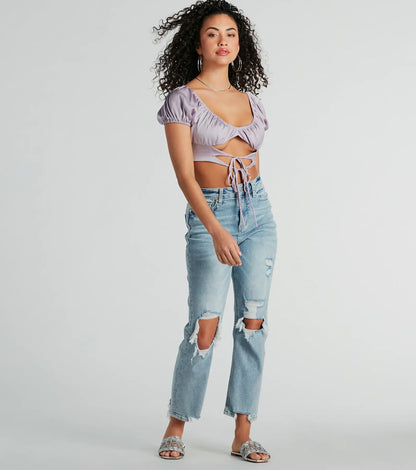 Around Town Puff Sleeve Tie-Front Satin Crop Top