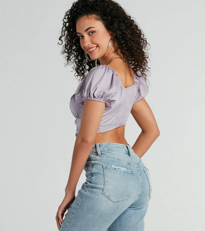 Around Town Puff Sleeve Tie-Front Satin Crop Top