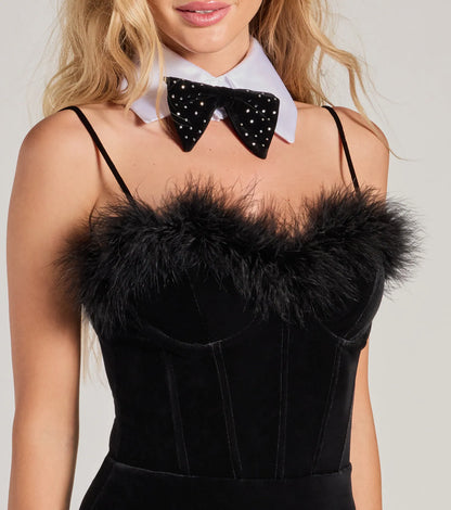 Bunny Babe Feather Trim Velvet Corset Bodysuit