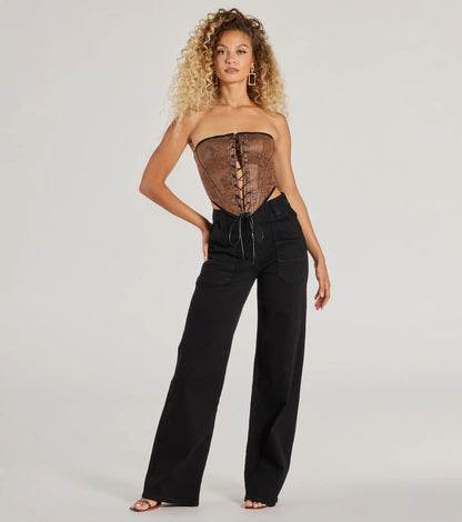 Smooth And Edgy Lace-Up Faux Suede Corset Top