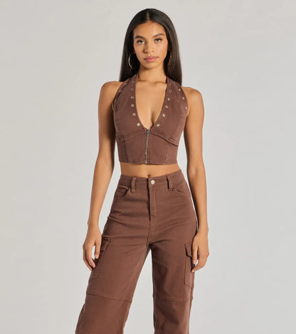 Absolute Edge Halter Grommet Zip-Up Crop Top